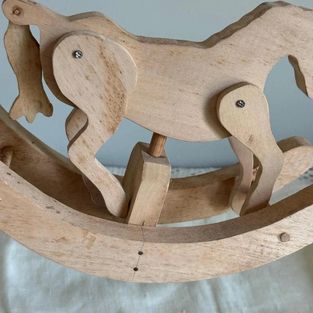 Vintage Handcrafted Wooden Rocking Horse Articulated Moving Legs Natural Wood